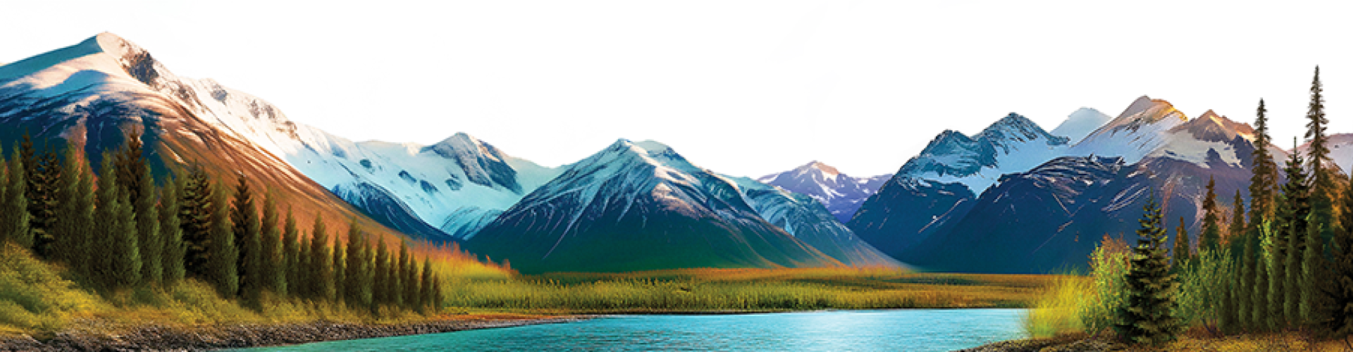 a painting of mountains and trees by a lake