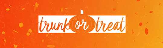 orange and dark yellow background with graphic leaves and words trunk or treat